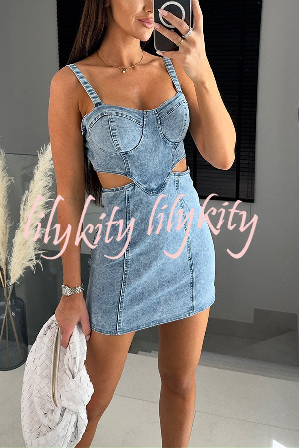 Picilo Denim Sweetheart Neck Cutout Waist Stretch Mini Dress