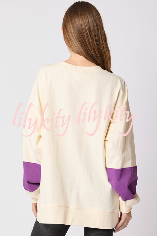 Halloween Letter Sequined Color Block Loose Casual Sweatshirt