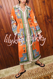 Linen Blend Unique Print Tie-waist Casual Maxi Dress