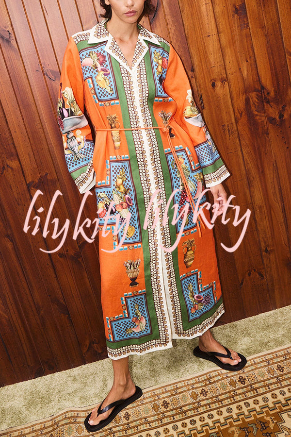 Linen Blend Unique Print Tie-waist Casual Maxi Dress