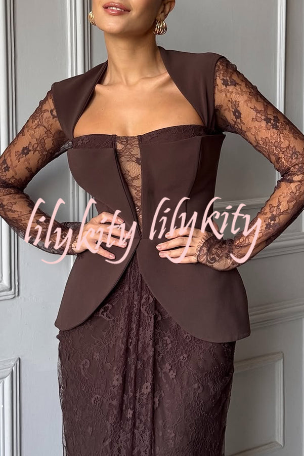 Belle Contrast Sheer Lace Fabric Patchwork Square Neck Long Sleeve Drape Maxi Dress