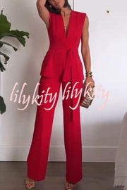 Keep It Classic V-neck Belted Vest and Mid Rise Pocket Wide Leg Pants Set