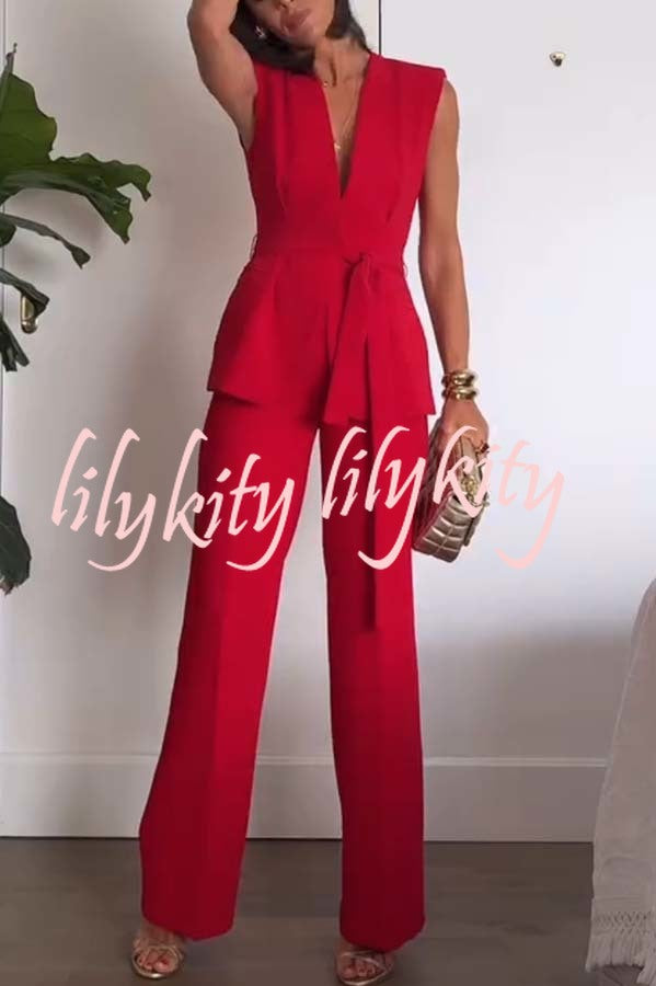Keep It Classic V-neck Belted Vest and Mid Rise Pocket Wide Leg Pants Set