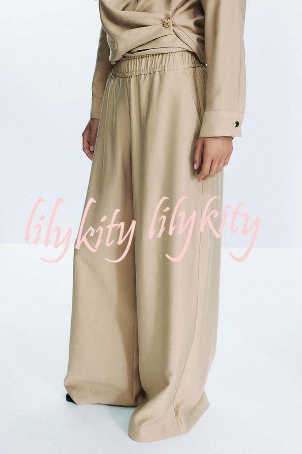 Juliette Cross-front Button Up Long Sleeve Shirt and Elastic Waist Pocket Loose Pants Set