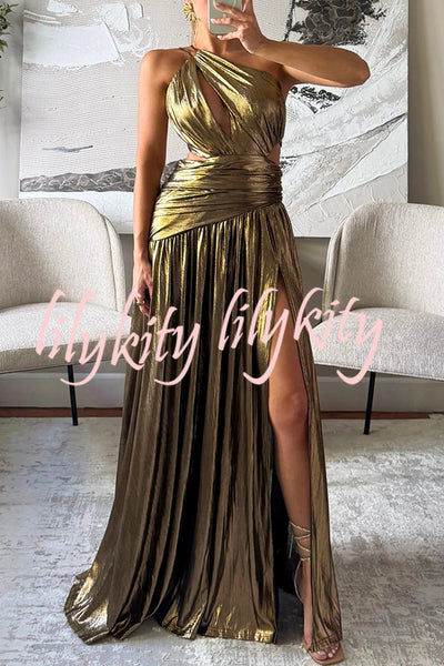 Shine Bright Metallic Fabric One Shoulder Cutout Back Lace-up Slit Maxi Dress