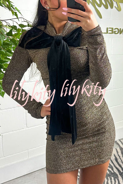 Fashion Sequin Long Sleeve Black Velvet Bow Mini Dress