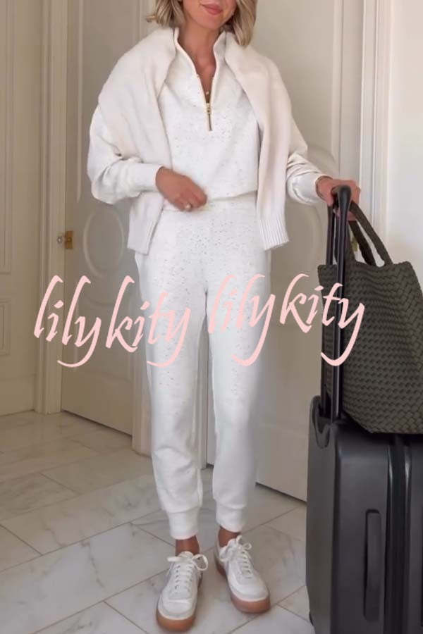 Ivory Marl Fleck Half-Zip Neck Long Sleeve Sweatshirt and Elastic Waist Pocket Jogger Set