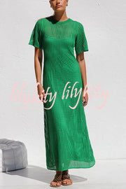 Sunkissed Shores Crochet Knit Short Sleeve Lightweight Maxi Dress(separate Slip)