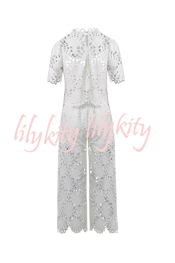 Eliose Scallop Cutout Embroidery Lace Short Sleeve Loose Top