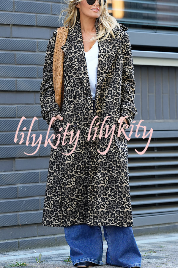Leopard Affair Animal Print Epaulettes Long Sleeve Pocketed Lapel Midi Trench Coat