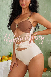 Color Block Patchwork Hollow Metal Decorative Stretch One-piece Swimsuit