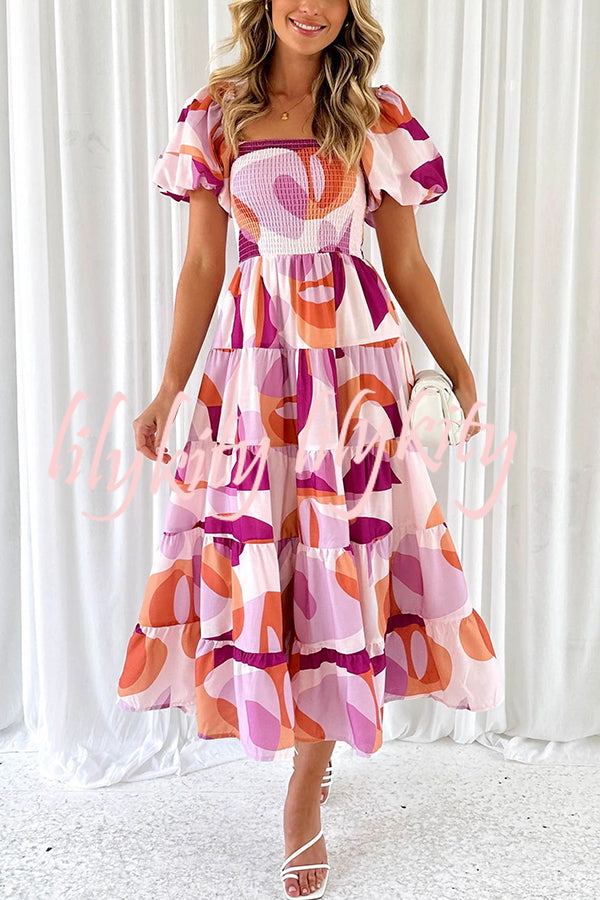 Petal Princess Unique Print Smocked Waist Puff Sleeve Midi Dress