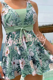 Cheerful Floral Print Bow Detail Tankini Swimsuit Set