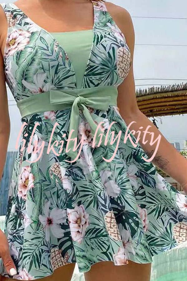 Cheerful Floral Print Bow Detail Tankini Swimsuit Set