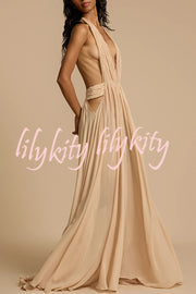 Ethereal Moment Tulle Cutout Ruched Waist Backless Halter Maxi Dress