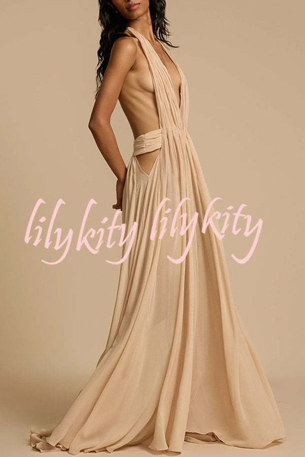 Ethereal Moment Tulle Cutout Ruched Waist Backless Halter Maxi Dress