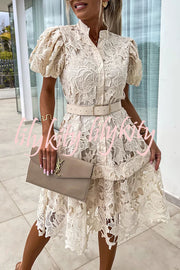 Absolutely Elegant Floral Crochet Lace Puff Sleeve Belted Shirt Midi Dress