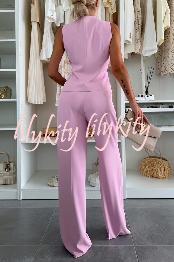 Workplace Chic Sleeveless Button Vest and Relaxed Pocket Wide Leg Pants Set