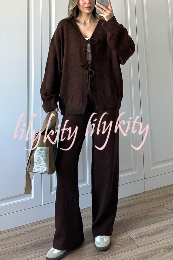 Solid Color V-neck Tie Long-sleeved Loose Knit Cardigan and Elastic Waist Casual Straight Leg Pants Set