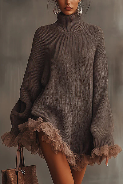 Solid Color Turtleneck Long-sleeved Loose Ruffle Knit Mini Dress