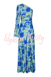 Satin Botanical Print One-Sleeve Resort Maxi Dress