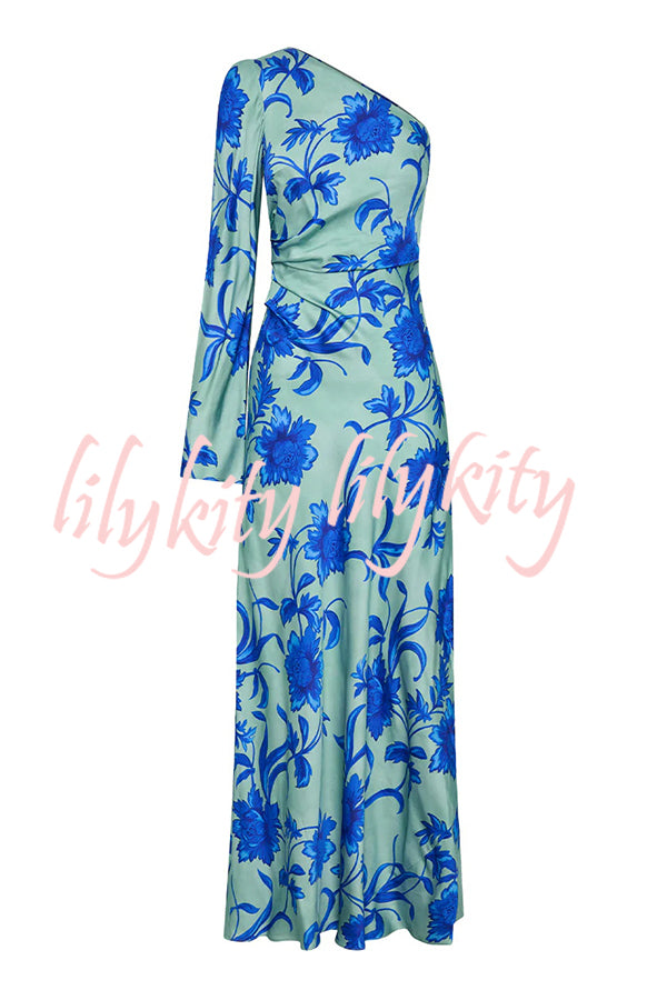 Satin Botanical Print One-Sleeve Resort Maxi Dress