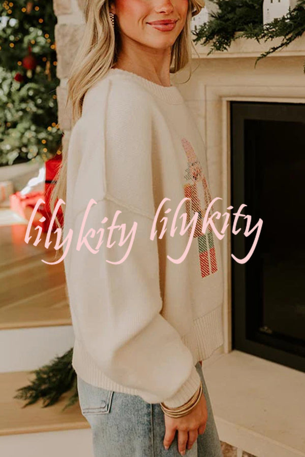 Nutcracker Nights Cross Stitch Knit Long Sleeve Loose Sweater