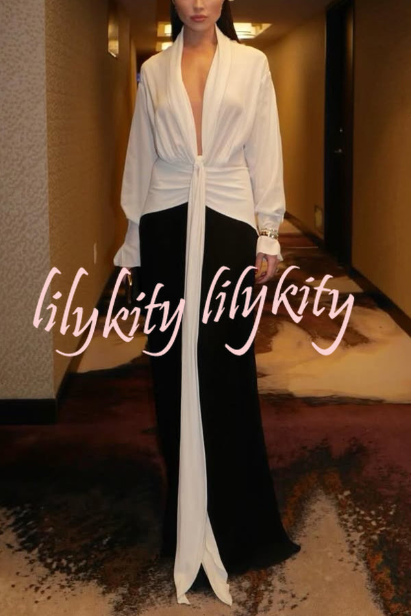 Fashion Contrast Color V-neck Tie High Waist Drape Maxi Dress