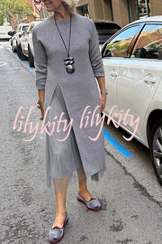 Jollie Knit Long Sleeve Front Slit Midi Sweater and Pleated Tulle Stretch Tank Midi Dress Two-piece Set