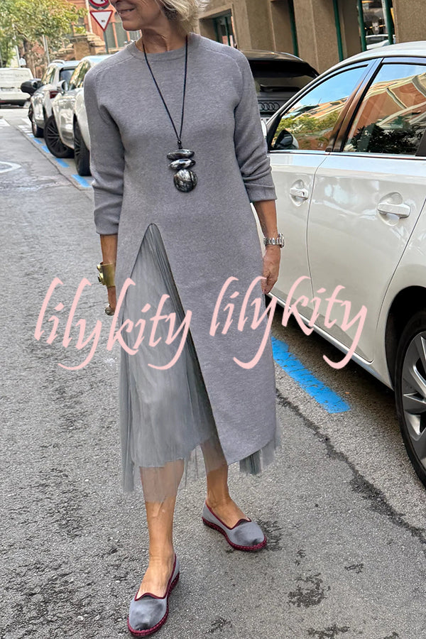 Jollie Knit Long Sleeve Front Slit Midi Sweater and Pleated Tulle Stretch Tank Midi Dress Two-piece Set