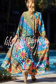 Unique Print Loose Lace Up Holiday Maxi Cover Up