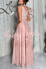 Everlasting Party Sequin Tulle Ruffles Shoulder Design Slit Maxi Dress