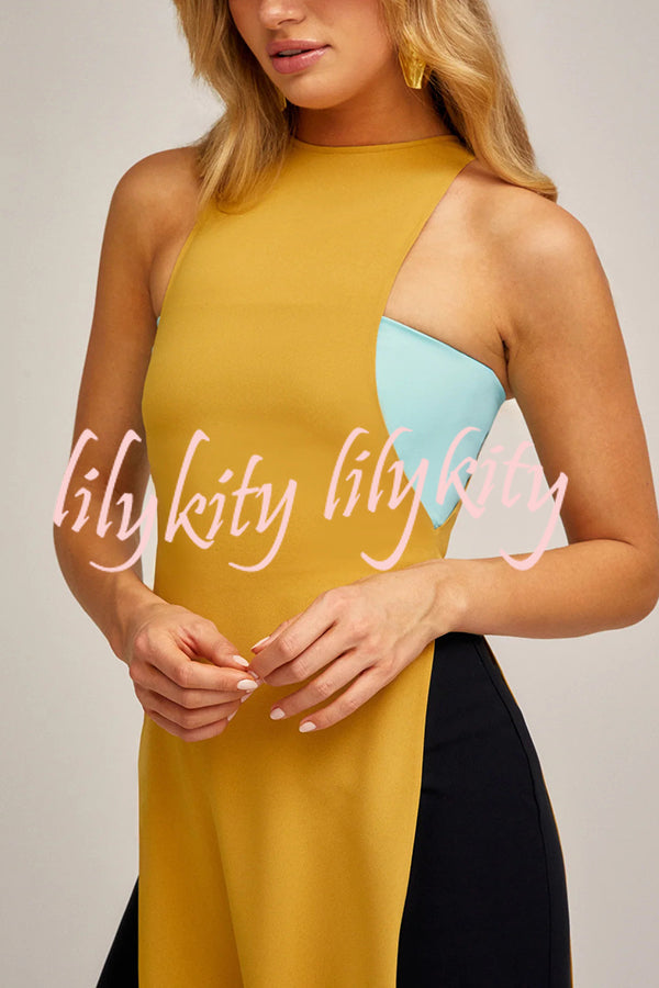 Fashionable Contrast Color Stitching Sleeveless Slim Maxi Dress