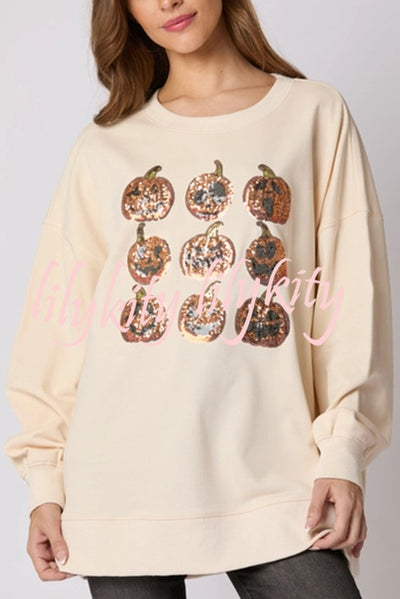 Halloween Pumpkin Sequin Loose Casual Sweatshirt