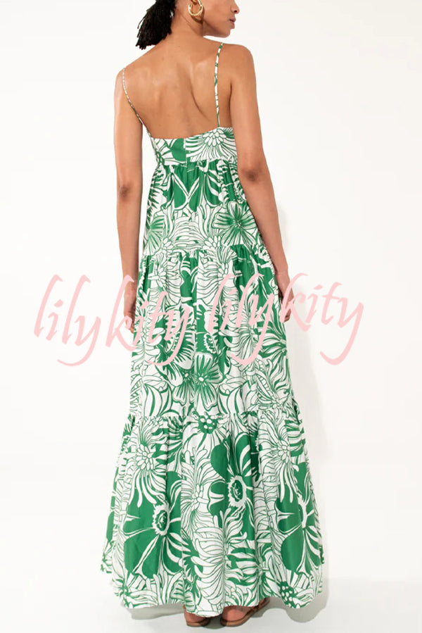 Botanical Floral Print Sexy Sling Backless Maxi Dress