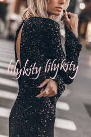 Ignite Sparkly Nights Sequin Extra Long Sleeve Open Back Loose Midi Dress