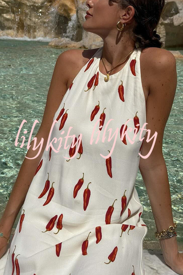 Spicy Summer Chili Pepper Unique Print Soft Fabric Halter Loose Mini Dress