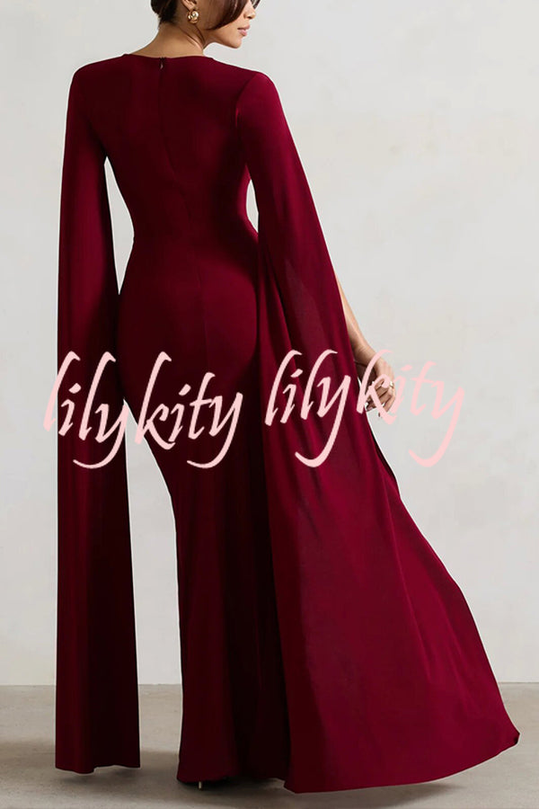 Elegant Goddess Square Neck Twisted Cape Sleeve Slit Maxi Dress