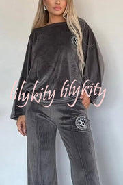 Solid Color Velvet Round Neck Bat Sleeve Casual Top and Elastic Waist Loose Pocket Pants Set