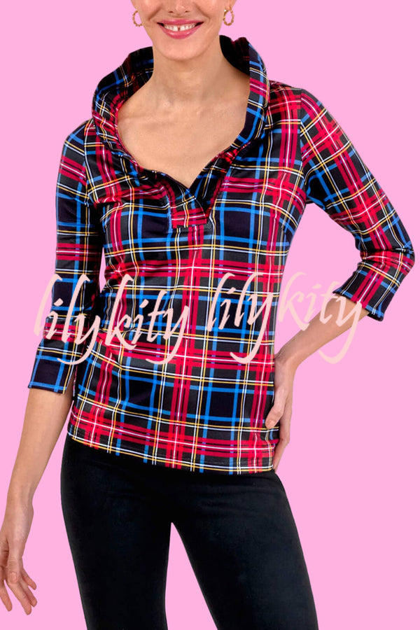 Duke of York Holiday Plaid Ruffle Stand Neck Half Sleeve Blouse