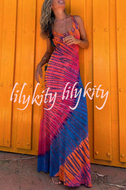 La Bamba Tie-dye Print Back Lace-up Stretch Maxi Dress