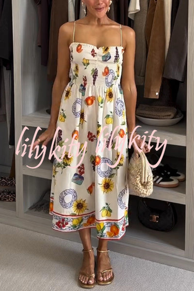 Summer Fruit Print Sling Pleated Vacation Midi Dress