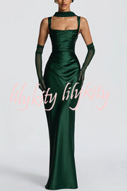 Calanthe Satin Square Neck Ruched Back Lace-up Drape Mesh Scarf Maxi Dress