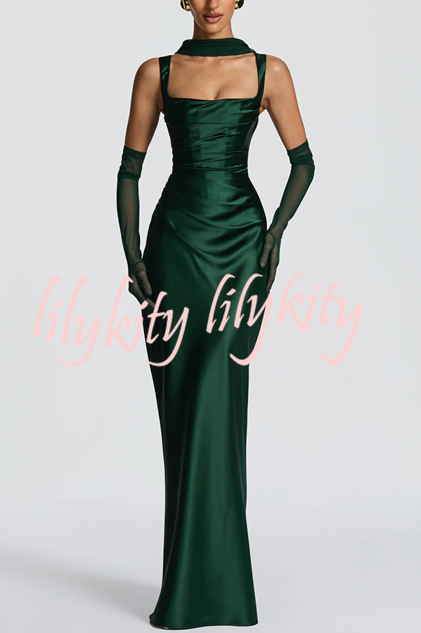 Calanthe Satin Square Neck Ruched Back Lace-up Drape Mesh Scarf Maxi Dress