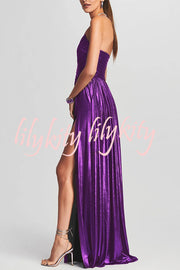 Goddess Temperament Metallic Pleated Fabric Off Shoulder Slit Maxi Dress