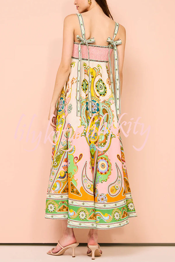 Summer Serenade Linen Blend Unique Print Tie-up Strap Smocked Pocketed Maxi Dress