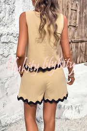 Casual Wavy Edge Buttoned Elastic Waist Shorts Set