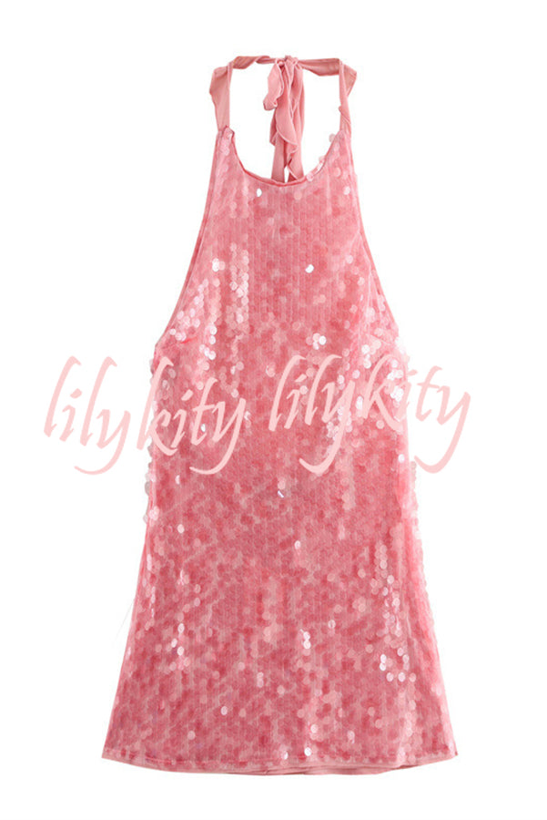 Sexy Rose Disc Sequin Halter Backless Mini Dress