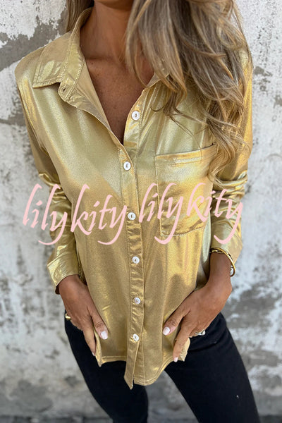 Holiday Look Solid Metallic Loose Pocket Button-down Blouse