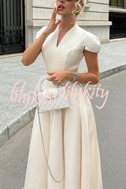 Solid Color V-neck Waist Elegant Full Hem Maxi Dress